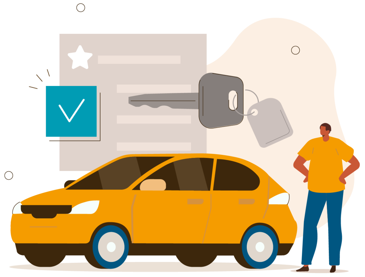 A cartoon image of a customer stood on the left of their car, with their hands on their hips. Floating above the car is a key that is artificially big.