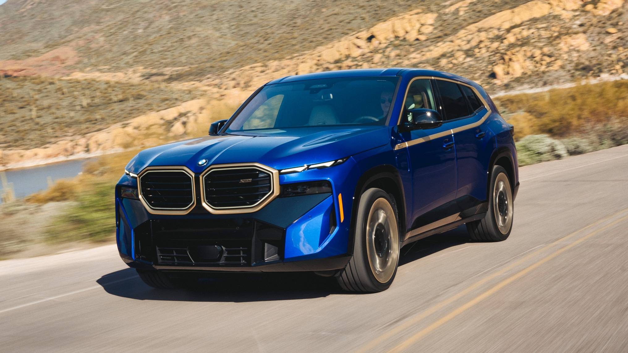 The BMW XM in blue on an open road.