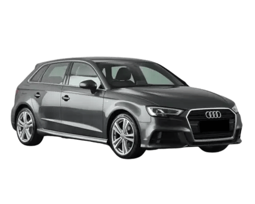 A black Audi A3 against an empty background.