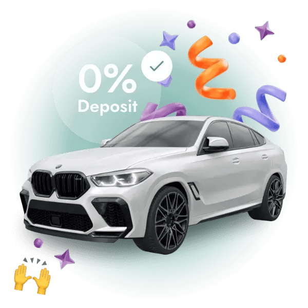 A white BMW SUV featured against a festive background highlighting a 0% deposit offer, with celebratory icons and a check mark to emphasize the special financing deal.