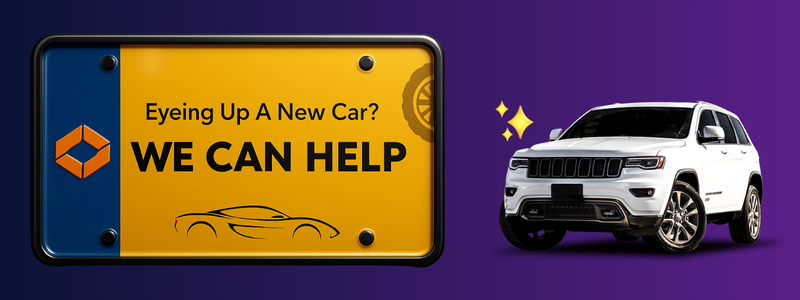 A banner with a custom number plate posing the question of whether customers are looking for a car, with a white SUV to the side, against a dark blue / purple gradient background.