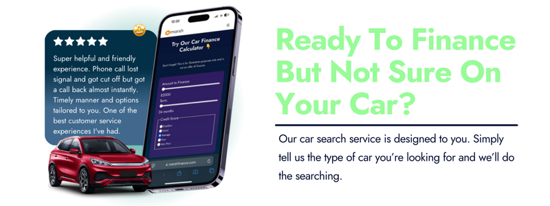 A block with text and an image showing a positive car finance review for Marsh Finance.