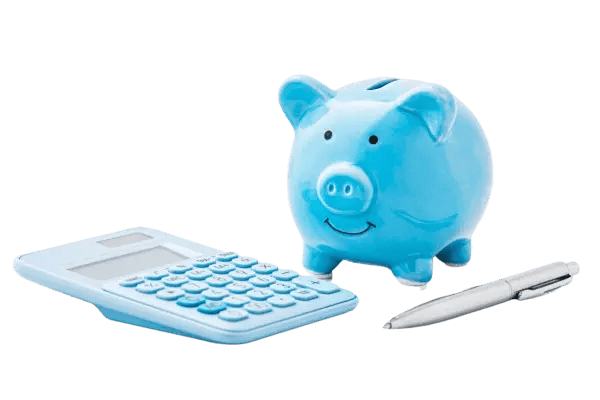 A blue calculator next to a pen and a blue piggybank.