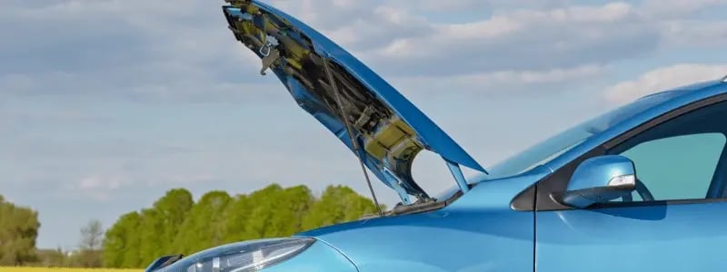 A car bonnet up on a broken down blue car, parked in a countryside setting.