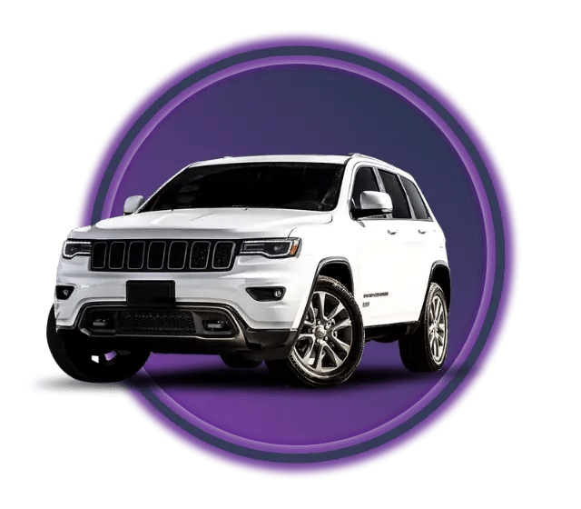 A white SUV sat in a purple and blur gradient, with a purple buzz outline around the circle.