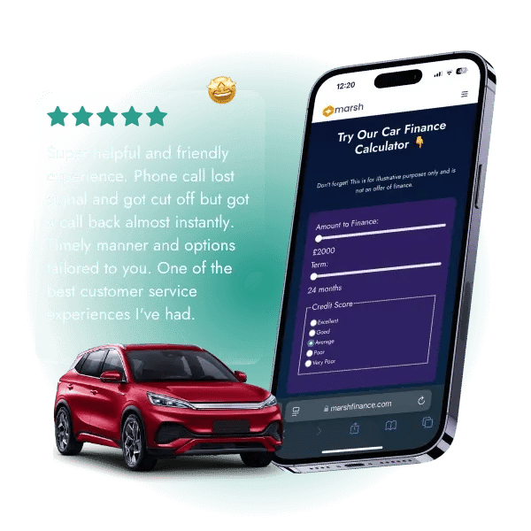 A smartphone displaying the Marsh car finance calculator app alongside a customer review, emphasising easy budget finding and positive user experience in financing new vehicles.