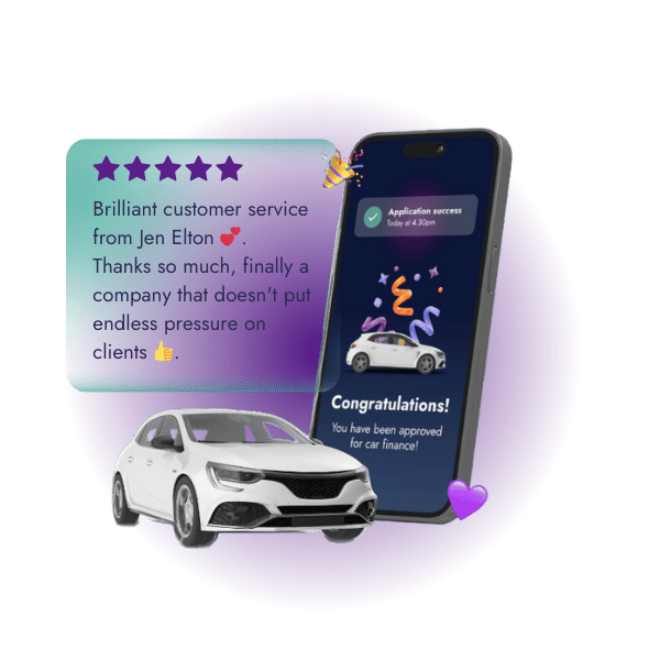 A phone with a car in front and a five star review about a car finance company.