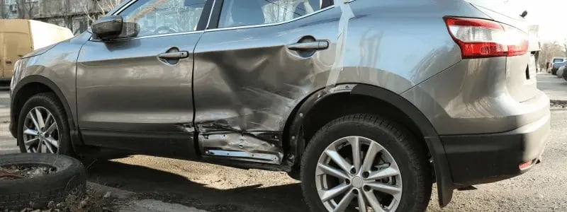 A close up of a car with one of the door panels damaged.