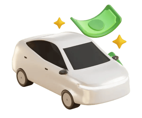 A 3D icon car with floating money behind it, representing the relationship between cars and finances.