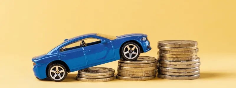 A blue model car on stacks of coins rising in volume from left to right, against a pale yellow background.