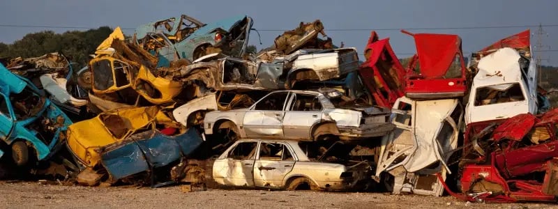 Piles of cars in a scrapyard, all with varying levels of damage.
