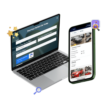 A laptop and phone, one displaying a web form and the other a car marketplace.