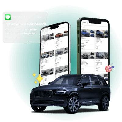A black SUV in front of two phones displaying online car markets, with a text bubble in the top left notifying readers of a personalised car search feature. A black SUV in front of two phones displaying online car markets, with a text bubble in the top left notifying readers of a personalised car search feature.