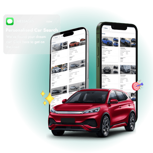 A red SUV in front of two phones at angles, displaying online car marketplaces. A message bubble sits at the top telling the reader of a personalised car search, with 3d emojis and a green blur behind the phones creating visual effect.