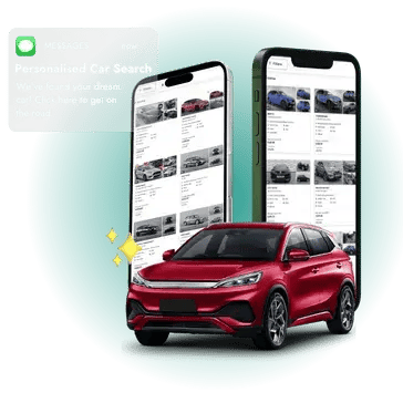A red car sits in front of two phones displaying online car marketplaces, whilst sat at an angle with a text bubble at the top making people aware of a personalised car search service.
