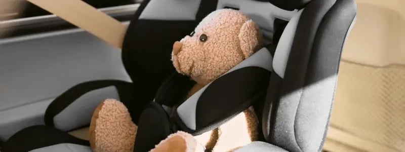 A teddy secured in a car seat, inside a car.