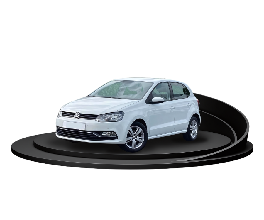 White Volkswagen Polo on a black swirling podium