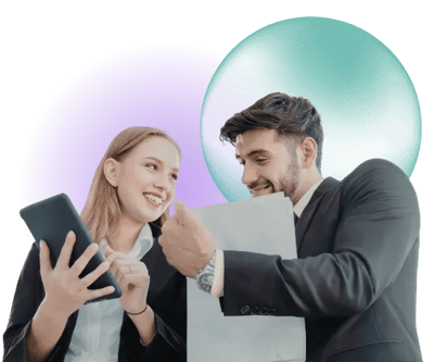 Two business people in discussion, with a purple glow and teal translucent bubble behind.