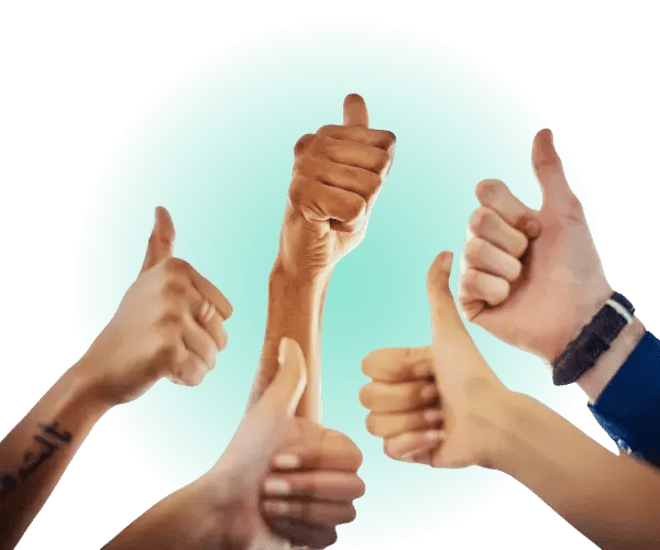 People showing thumbs up, with a green glow behind.