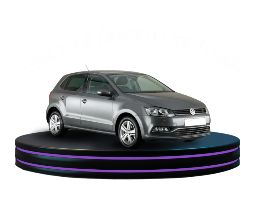 Volkswagen Polo sat on a modern black podium with text 'Get Your Dream Car Today' floating above