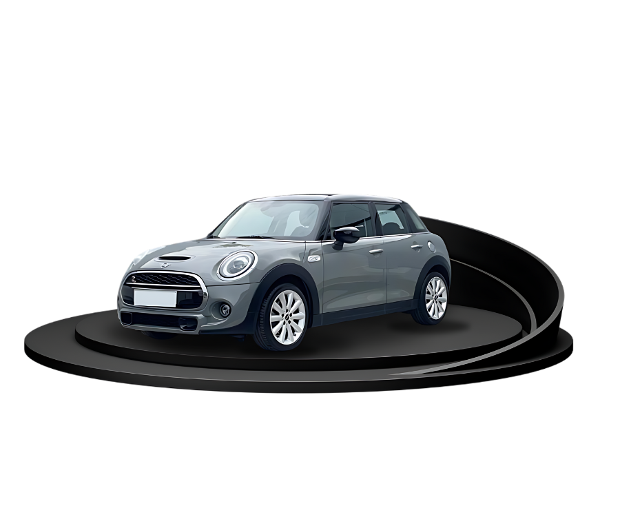 A light grey mini hatch sat on a black, swirling podium to demonstrate a car launch