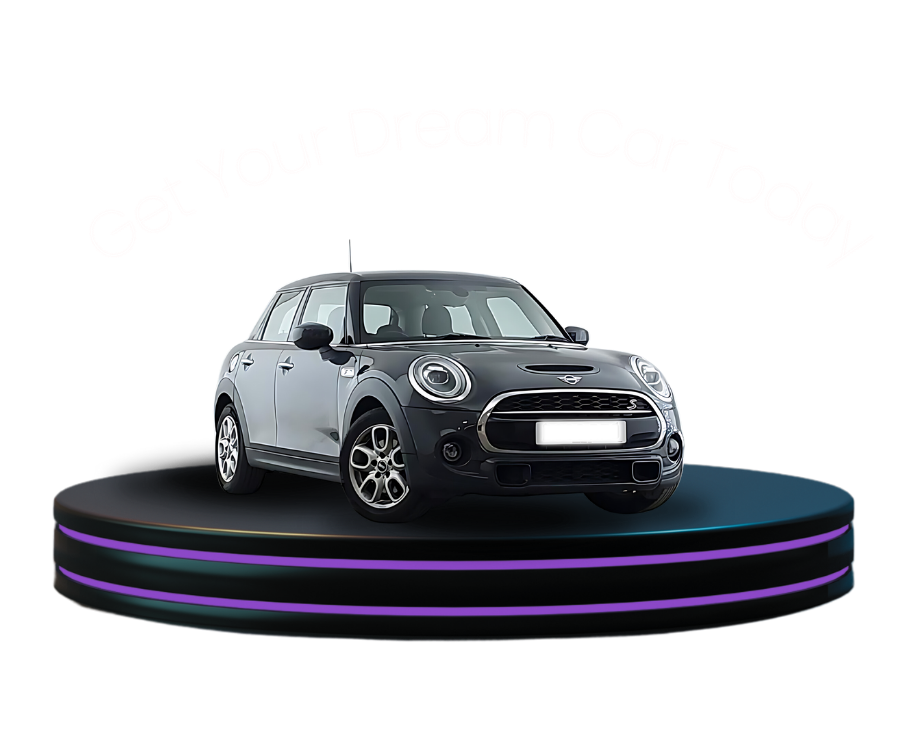 A dark grey Mini Hatch sat on a black, modern podium with the text 'Get your dream car today' written above