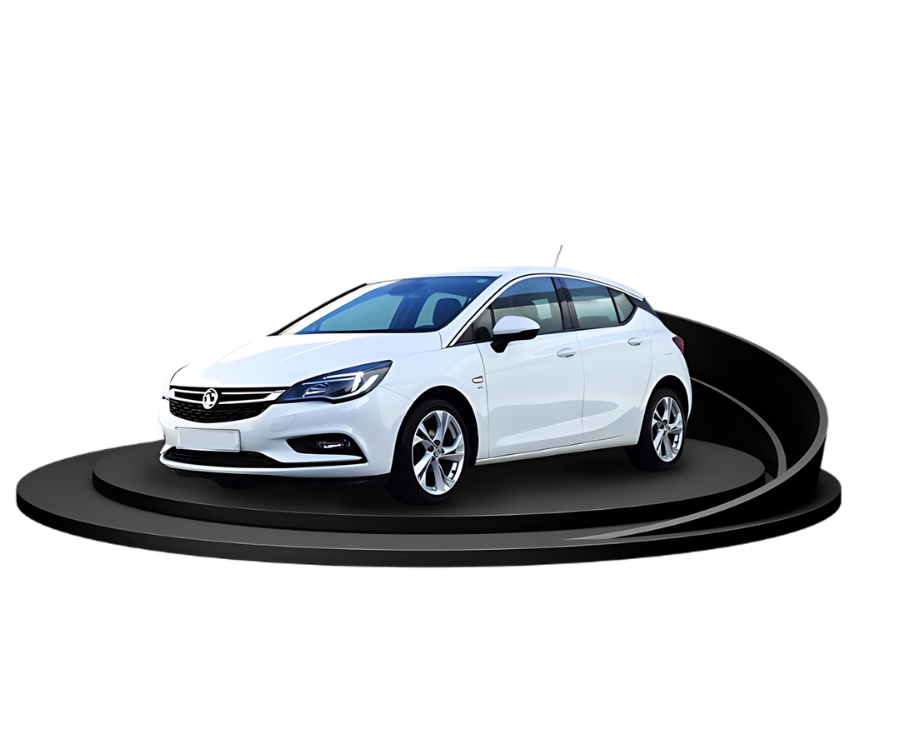 A white Vauxhall Astra sat on a swirling podium, representing a car launch.