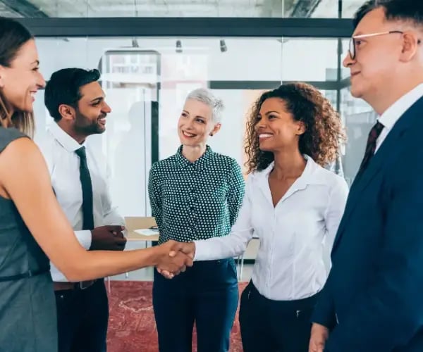Business professionals greeting each other and smiling.