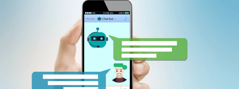 A virtual depiction of a chatbot on a mobile phone, with text bubbles coming out of the phone, imitating a conversation.