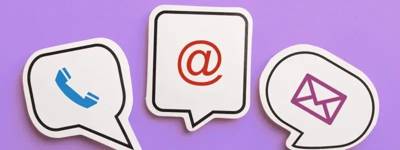 Against a purple background, three icons for the different contact methods sit next to one another: mobile, email, and post.