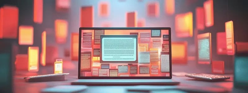 A laptop with multiple squares of written content, with many more floating in the background near the device, representing content overload.