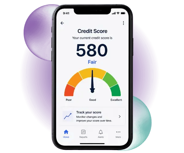 A credit profile on a phone, with bubbles and a glow behind.