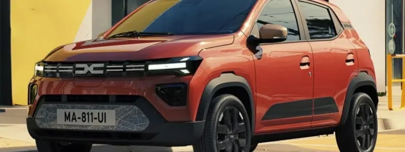 An orange Dacia Spring in a city location.