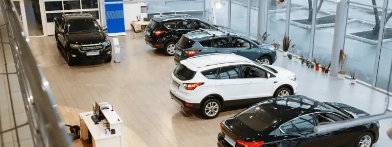 The inside of a car dealership.