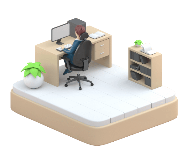 A 3D depiction of someone working at a desk in an office setting.