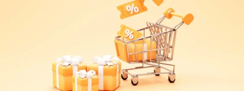 Shopping items with discount tickets flying around.