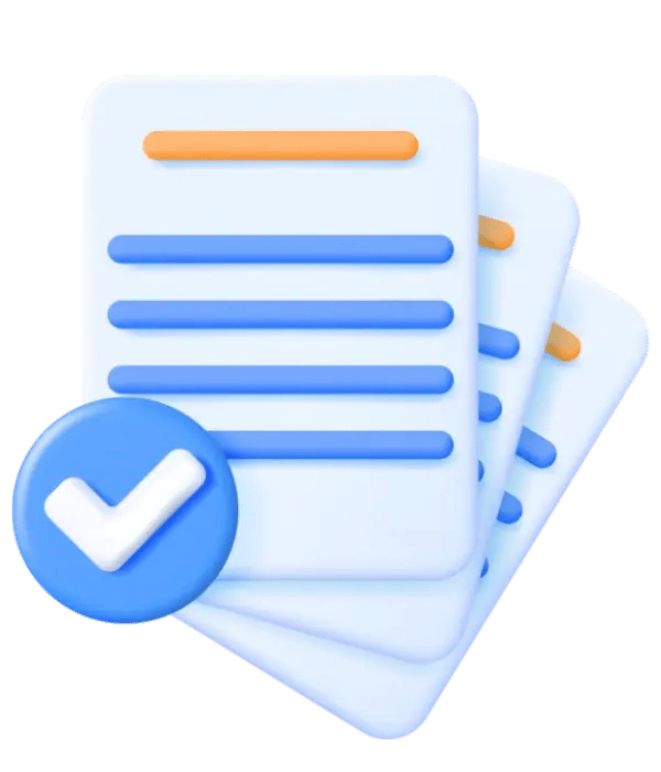 A 3d icon of multiple documents with a tick on.