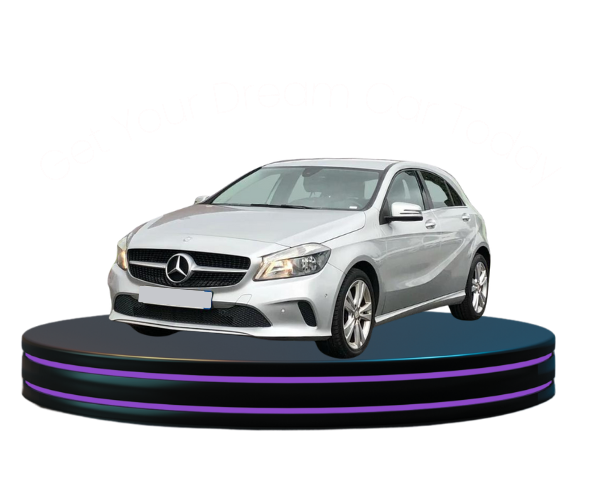 A light grey Mercedes Benz A Class on a podium with curved writing above reading 'get your dream car today'.