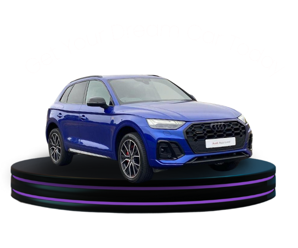 A blue Audi Q5 sat on a modern black podium with text 'Get Your Dream Car Today' floating above.
