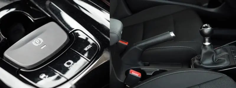 A close up of an electronic handbrake next to an image of a manual handbrake.