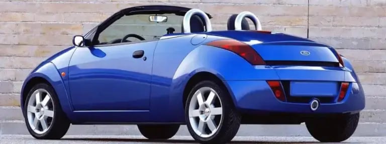 Convertible blue Ford Ka parked up in front of a light coloured brick wall.