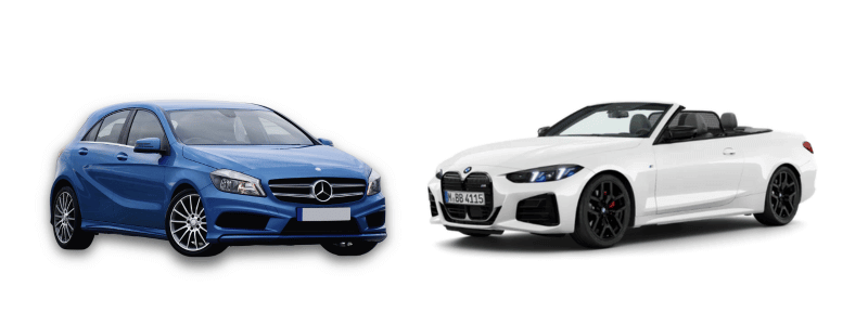 A blue hatchback car next to a white convertible car, against a plain white background.
