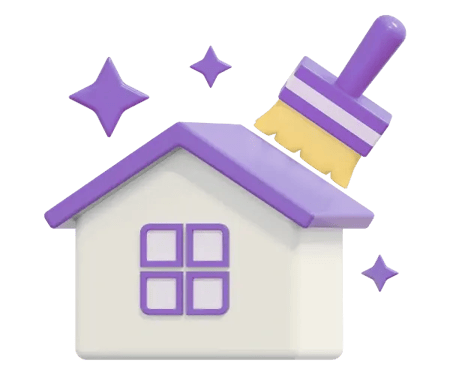 A 3D icon house with a large brush above it and stars, indicating a house makeover and clean.