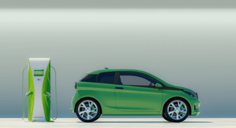 A side view of a green electric car in front of an electric charging station.