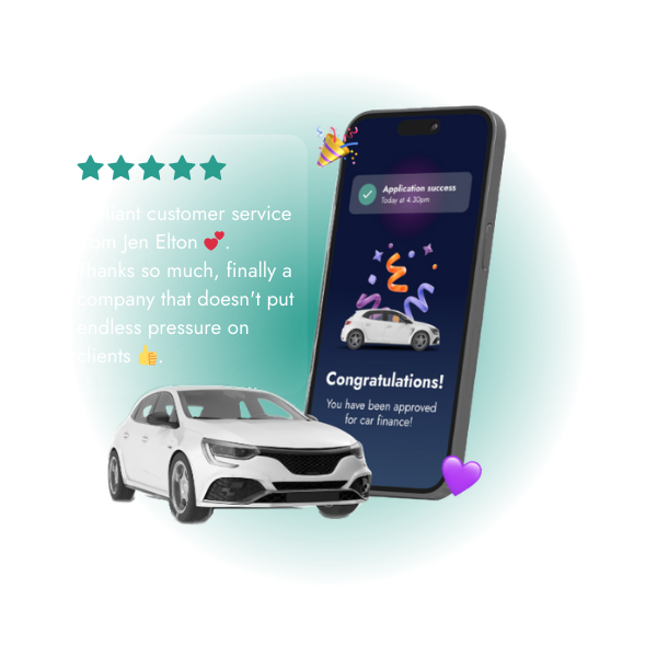 A smartphone displaying a successful car finance application notification on the Marsh app, accompanied by a praising exceptional customer service, highlighted with celebratory graphics and emojis.