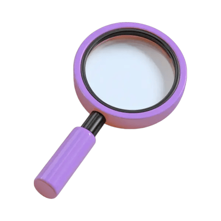 A purple magnifying glass in a 3D style.