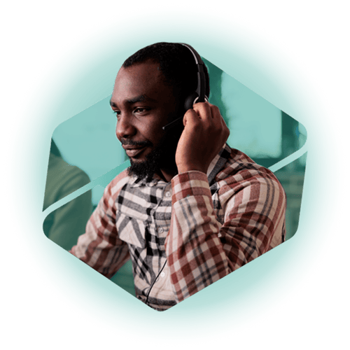 A call centre person on top of a glowing green chevron.