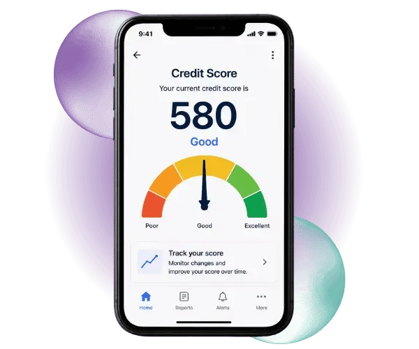A credit profile on a phone, with bubbles and a glow behind.