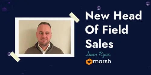 A design for a blog promoting our new head of sales, with an image of him placed in a frame next to text, on top of a futuristic purple background.