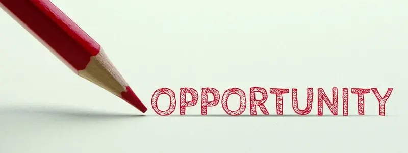 A red pencil pointing to written text 'OPPORTUNITY'.